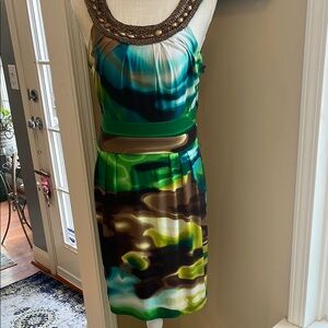 🏖️ Bisou Bisou Blue and Green Embellished Sheath Dress, Size 10
